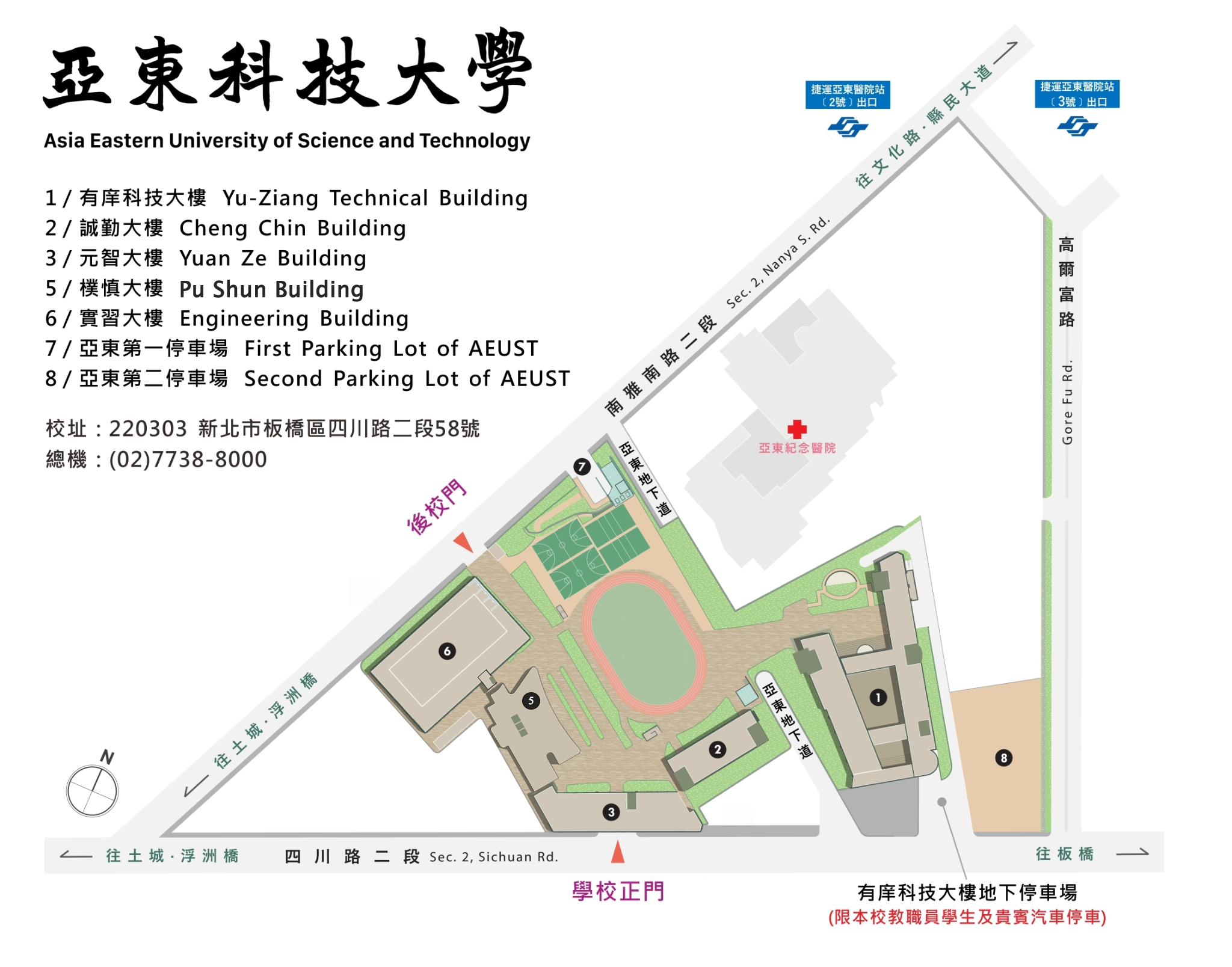 亞東科技大學校園配置圖，含正門、後校門、建築、操場、球場與停車場